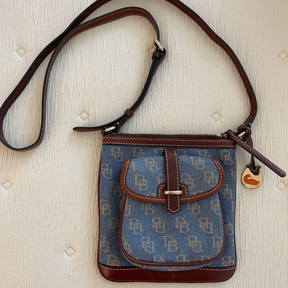 Dooney & Bourke Blue Logo Crossbody with Brown Leather Trim and Charm